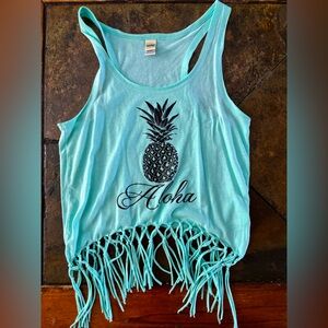 Teal “Aloha” Cropped Tank Top With Stringed Bottom